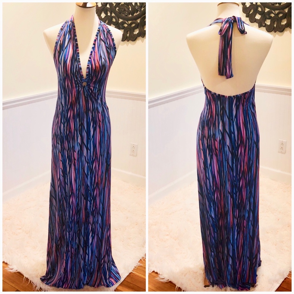 NWOT Blue Multi Color Halter Maxi Dress (S)